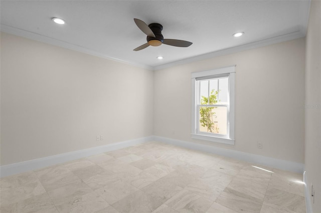 unfurnished room with ceiling fan, baseboards, crown molding, and recessed lighting