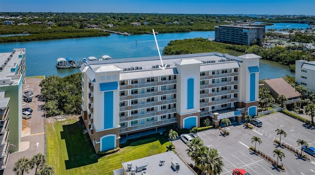 drone / aerial view with a water view