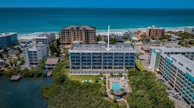 aerial view featuring a beach view and a water view