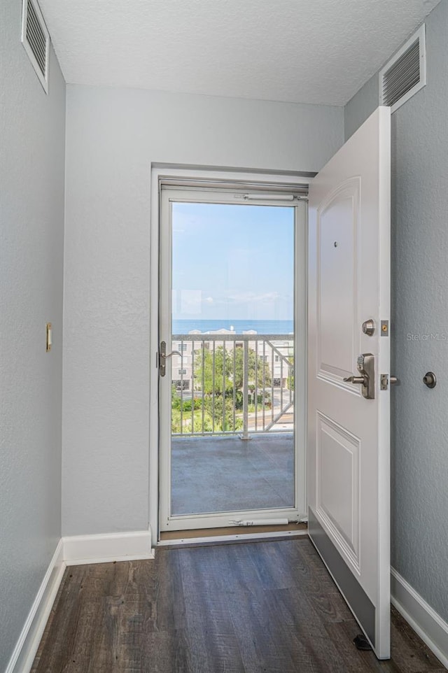 entryway with a water view, dark wood-type flooring, and a textured ceiling