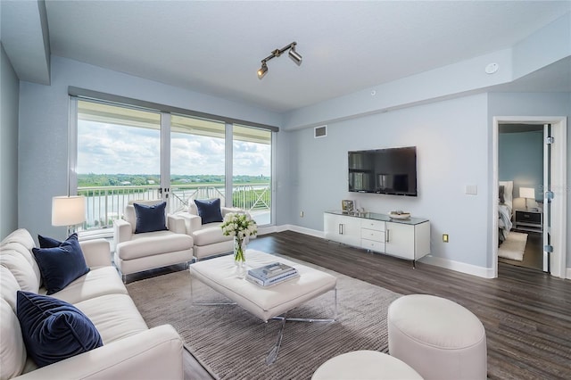 living room with a healthy amount of sunlight and dark hardwood / wood-style floors