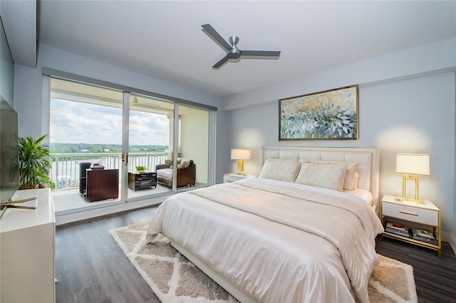 bedroom with access to exterior, dark hardwood / wood-style floors, and ceiling fan