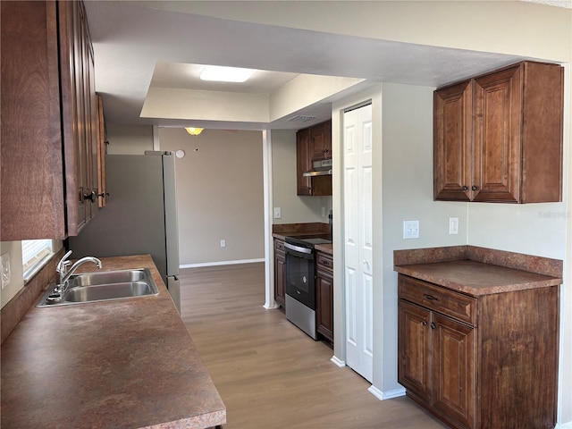 kitchen featuring stainless steel electric stove, sink, and light hardwood / wood-style flooring