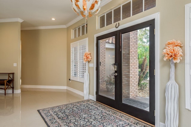 foyer entrance with tile patterned floors, baseboards, crown molding, and recessed lighting