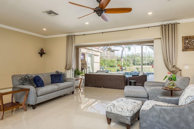 tiled living room with ceiling fan and ornamental molding