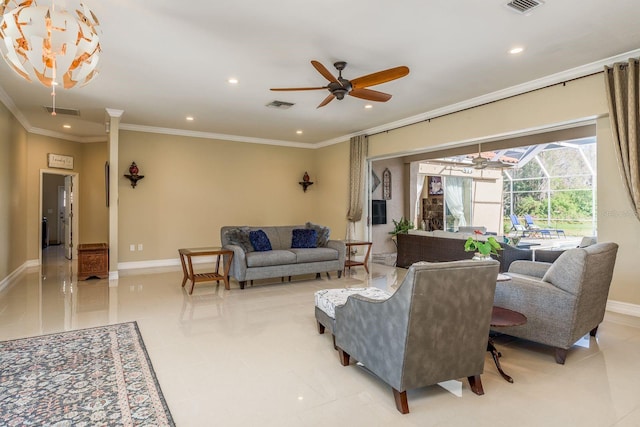 living room with ceiling fan, light tile patterned floors, and crown molding