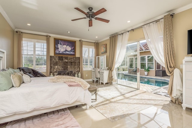 tiled bedroom with access to exterior, ceiling fan, and crown molding