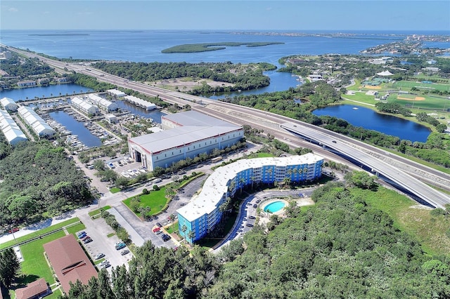 drone / aerial view with a water view