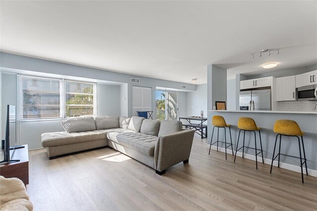 living room featuring plenty of natural light and light hardwood / wood-style flooring