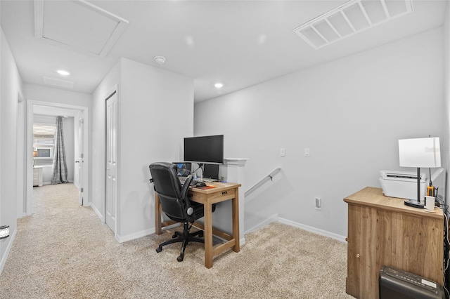 home office featuring light carpet