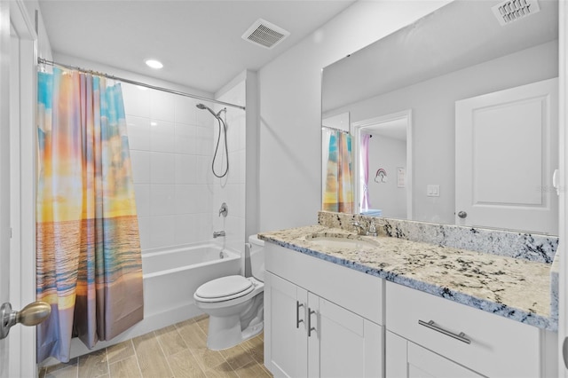 full bathroom with toilet, hardwood / wood-style floors, vanity, and shower / tub combo with curtain