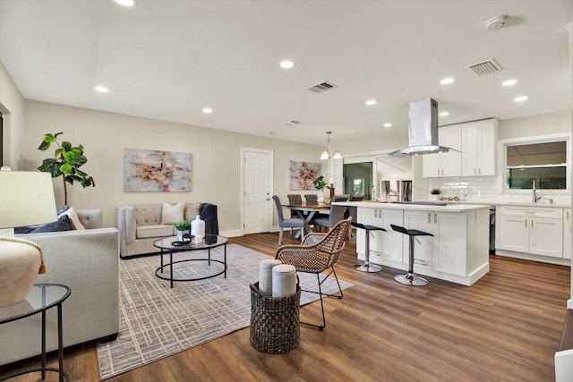 living room with sink and dark wood-type flooring