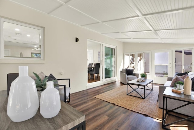 living room featuring lofted ceiling and dark wood-type flooring