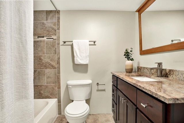 full bathroom with tile patterned flooring, vanity, toilet, and shower / tub combo with curtain