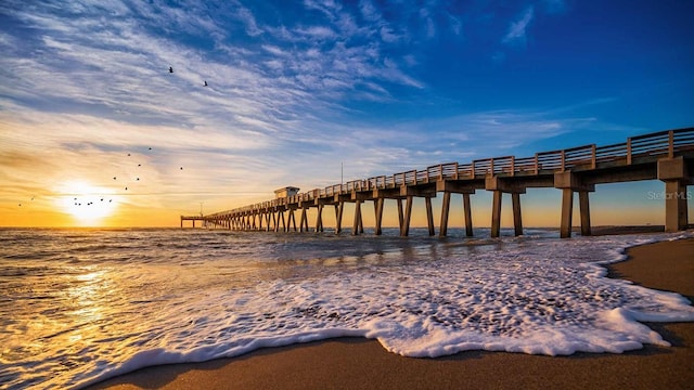 dock area featuring a pier and a water view