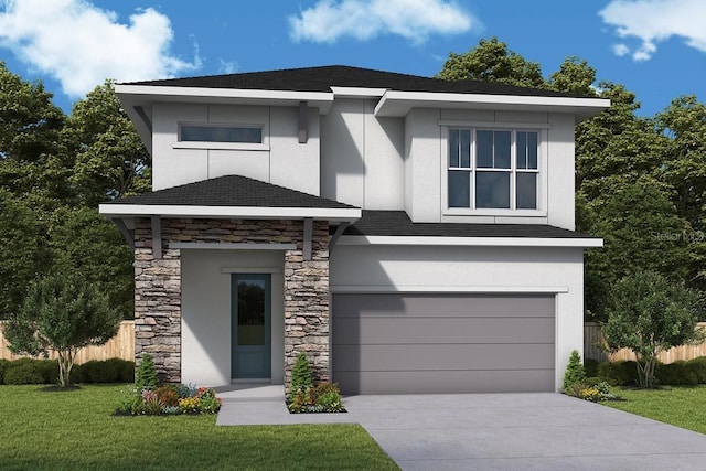 view of front of property featuring fence, concrete driveway, a front yard, stone siding, and an attached garage