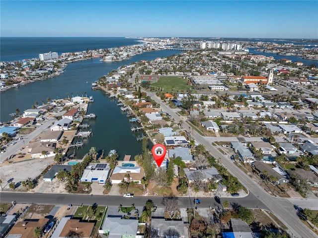 drone / aerial view with a water view