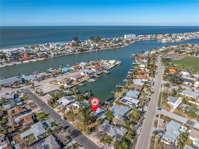 drone / aerial view featuring a water view