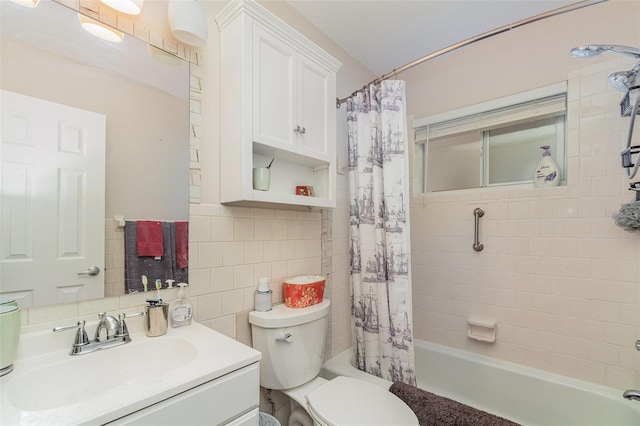 full bathroom featuring shower / tub combo, backsplash, vanity, tile walls, and toilet