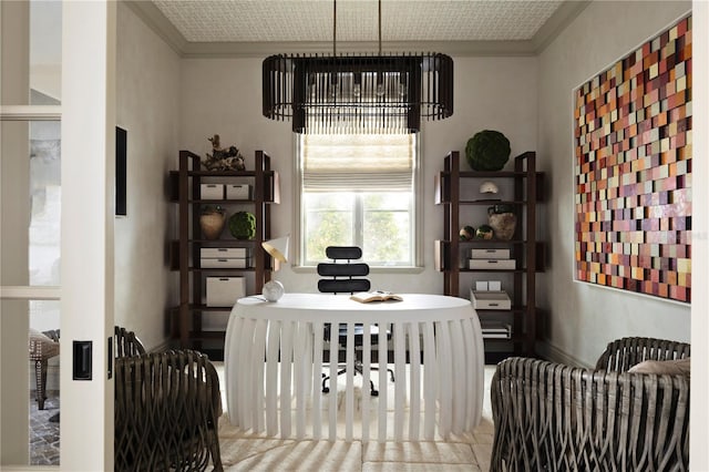 dining space with ornamental molding