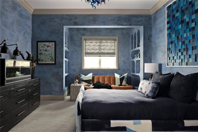 carpeted bedroom featuring crown molding