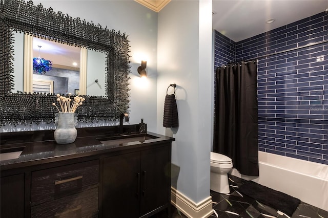 full bathroom featuring vanity, toilet, ornamental molding, and shower / tub combo with curtain