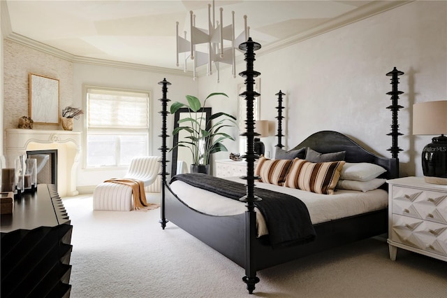 bedroom with carpet, ornamental molding, and vaulted ceiling