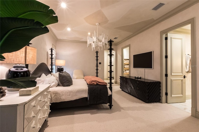 bedroom featuring light carpet, crown molding, and a notable chandelier