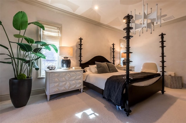 carpeted bedroom with crown molding