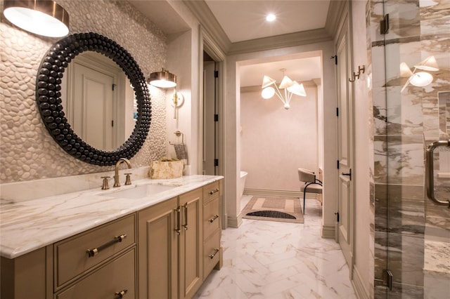 bathroom featuring vanity and a shower with shower door