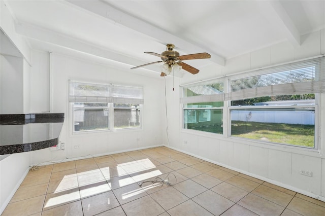 unfurnished sunroom with ceiling fan and lofted ceiling with beams