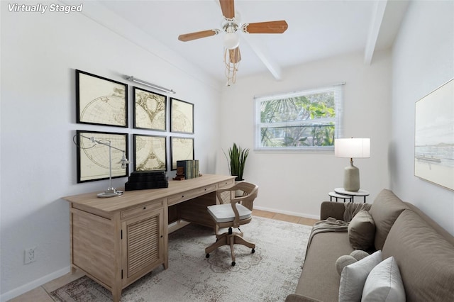 home office with beam ceiling