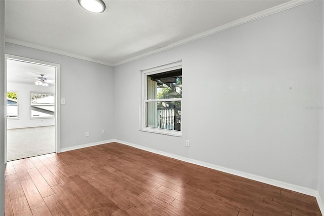 spare room featuring hardwood / wood-style flooring, ceiling fan, and ornamental molding