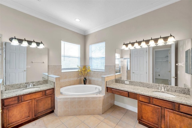 bathroom featuring tile patterned floors, vanity, ornamental molding, and shower with separate bathtub