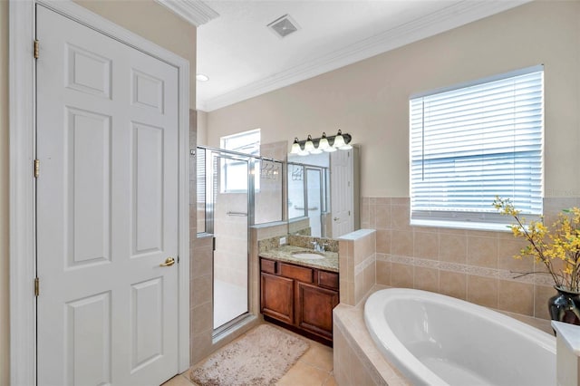 bathroom featuring vanity, separate shower and tub, and crown molding