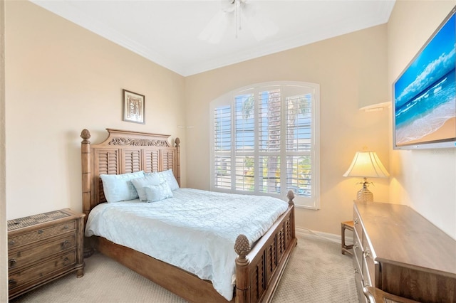 bedroom featuring ceiling fan and light colored carpet