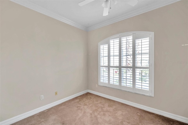 carpeted empty room with ceiling fan and crown molding