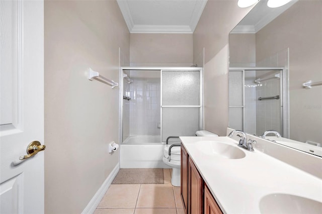 full bathroom featuring tile patterned floors, crown molding, toilet, shower / bath combination with glass door, and vanity