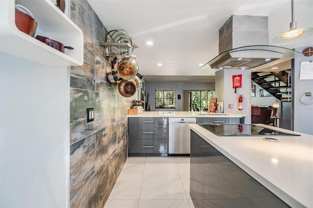 kitchen with island exhaust hood, black electric cooktop, decorative light fixtures, tile walls, and dishwasher