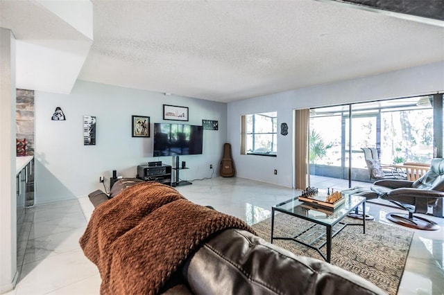 living room featuring a textured ceiling