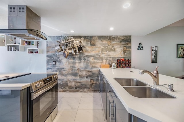 kitchen with ventilation hood, electric range, and sink