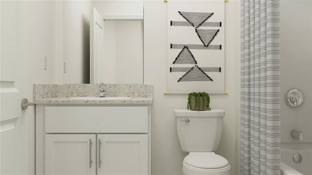 full bathroom featuring shower / tub combo with curtain, vanity, and toilet