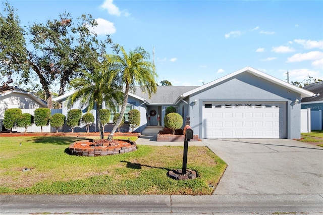 ranch-style house featuring a front yard and a garage