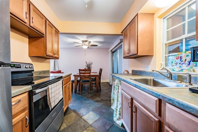 kitchen featuring ceiling fan, sink, and stainless steel electric range