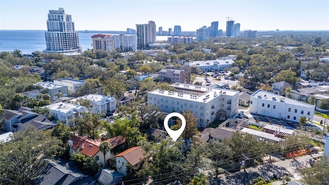 drone / aerial view featuring a water view