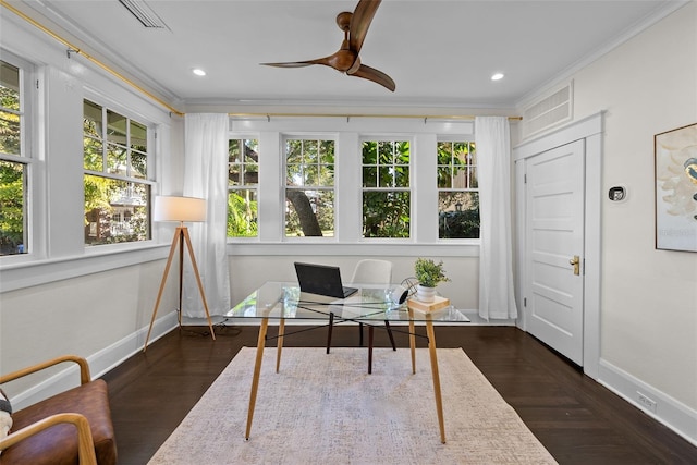 office space featuring a healthy amount of sunlight, ornamental molding, and dark wood-type flooring