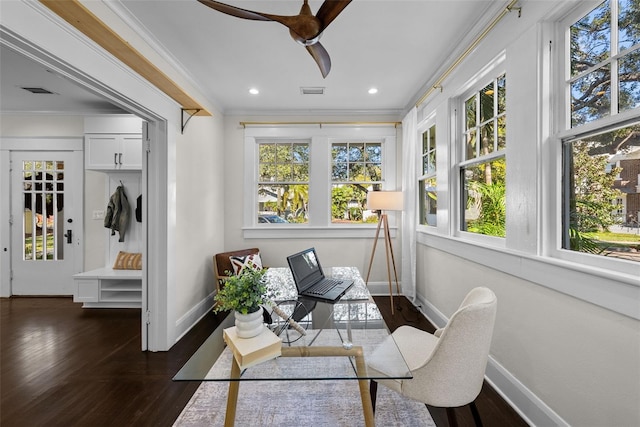 interior space with ceiling fan and a wealth of natural light