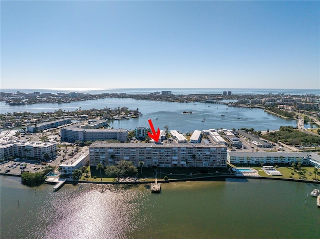 drone / aerial view featuring a water view