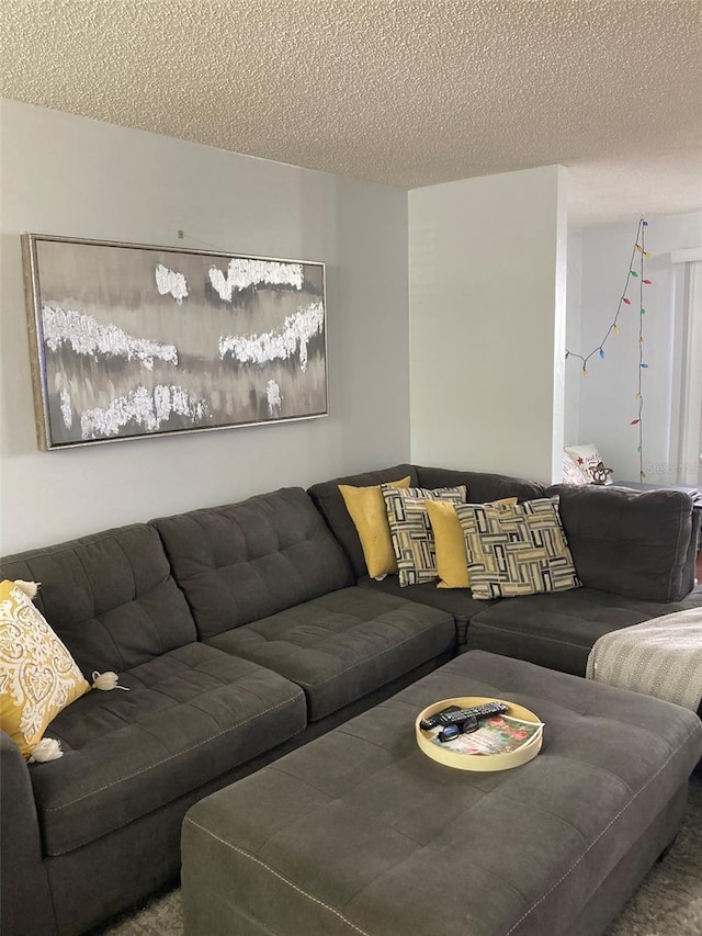 living room with a textured ceiling