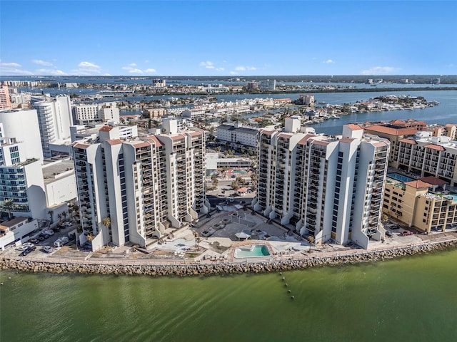 drone / aerial view featuring a water view